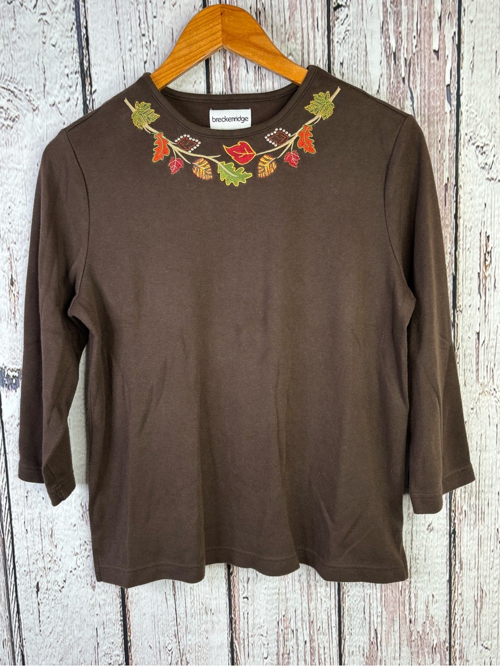 Breckenridge Women’s Small Brown 3/4 Sleeve Shirt Top Embroidered Fall Leaves